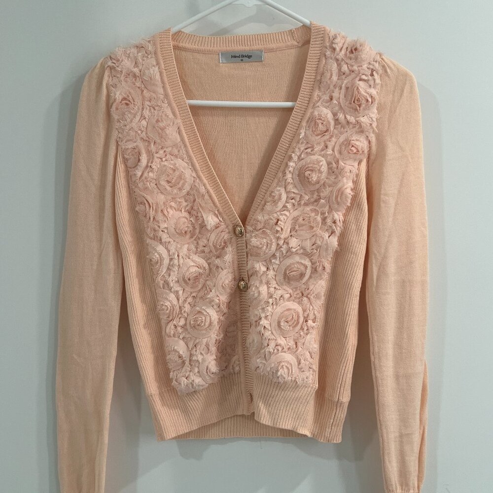 Mind Bridge Pink 3D Rosette Petal Wool Blend V-Neck Knit Cardigan S